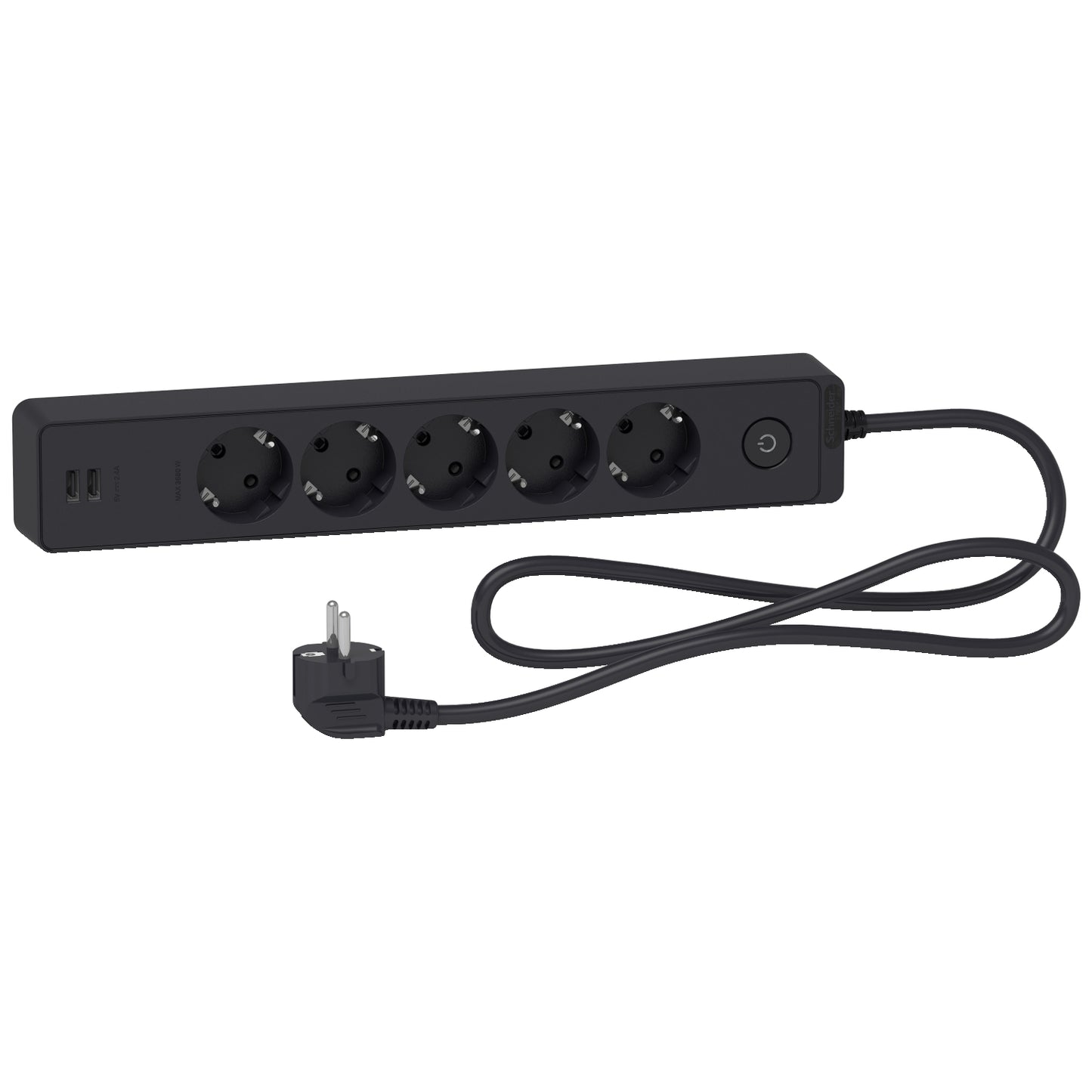 وصلة كهرباء شنايدر بخمسة منافذ ومنفذي شحن| أبيض/أسود | 1.5/3 متر | قابس أوروبي 