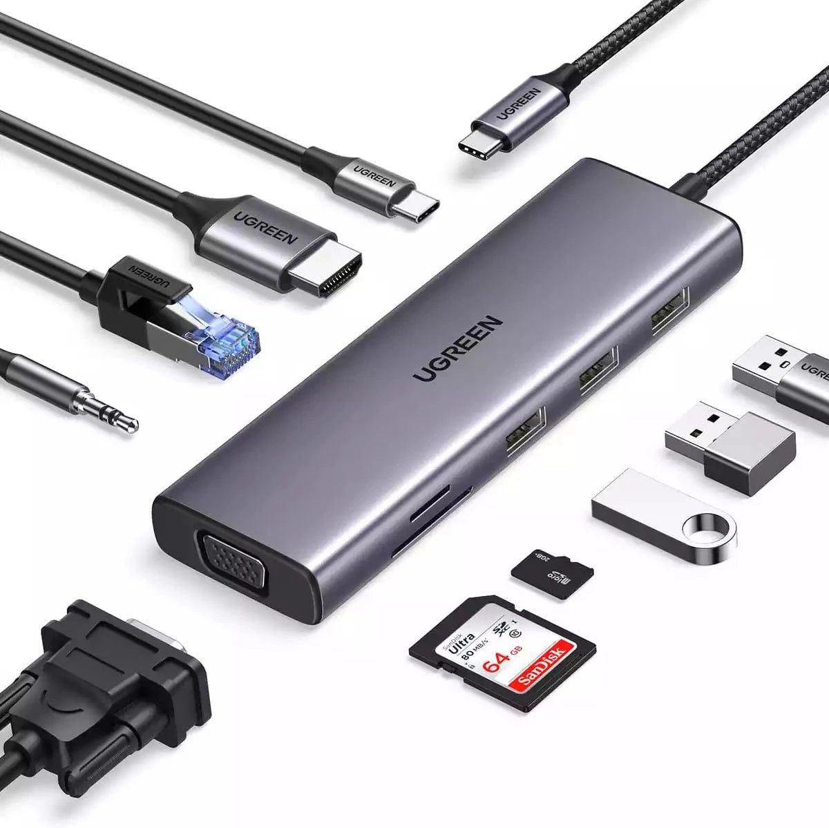 UGREEN USB-C to 3*USB 3.0 A+HDMI 4K@30Hz;2K@60HZ;1080P@120Hz + VGA + RJ45 + SD/TF + 3.5mm Audio + PD Adapter UGREEN USB-C to 3*USB 3.0 A+HDMI 4K@30Hz;2K@60HZ;1080P@120Hz + VGA + RJ45 + SD/TF + 3.5mm Audio + PD Adapter