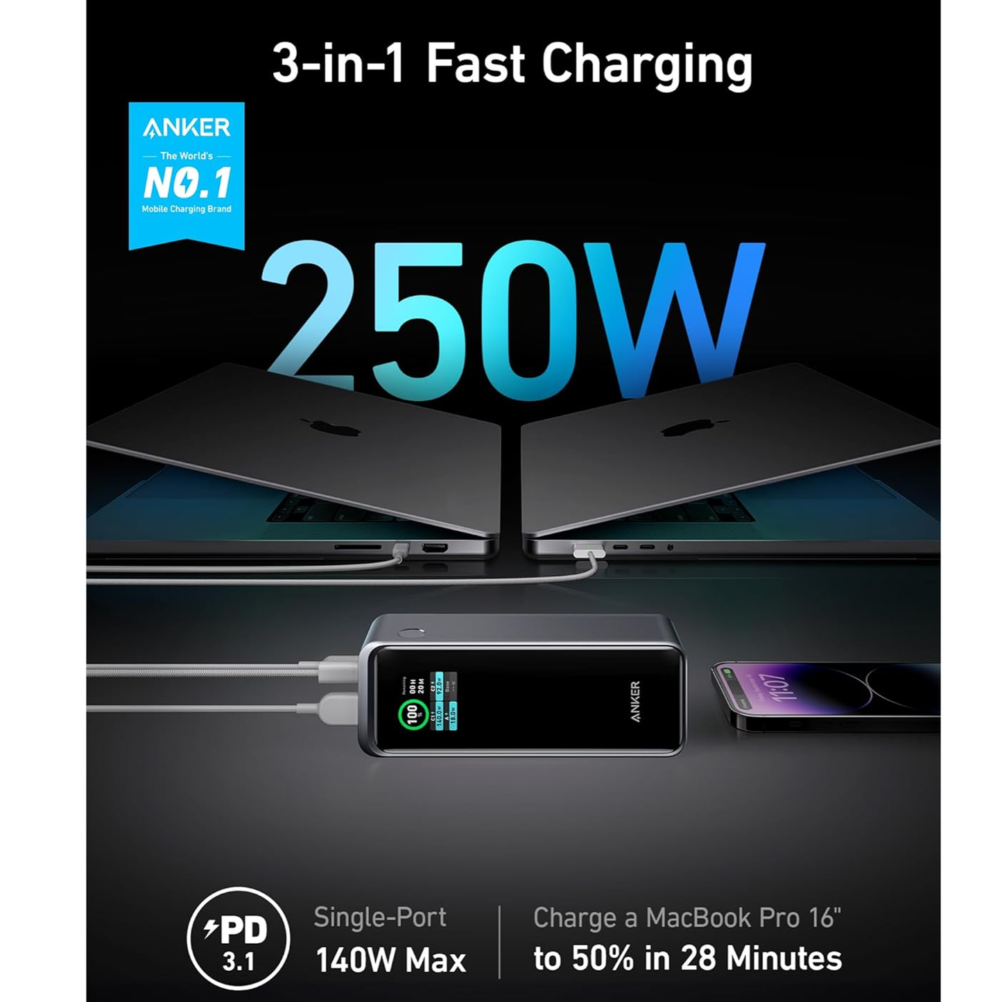 بنك الطاقة Anker Prime بسعة 27,650 مللي أمبير في الساعة (250 واط، 3 منافذ، تحكم بالتطبيق وشاشة ذكية) 