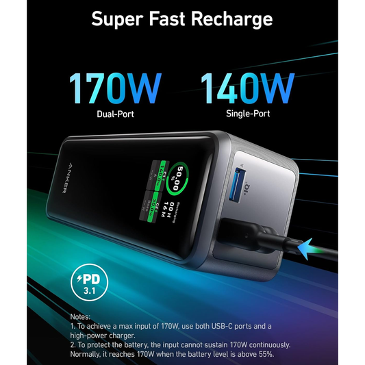 بنك الطاقة Anker Prime بسعة 27,650 مللي أمبير في الساعة (250 واط، 3 منافذ، تحكم بالتطبيق وشاشة ذكية) 