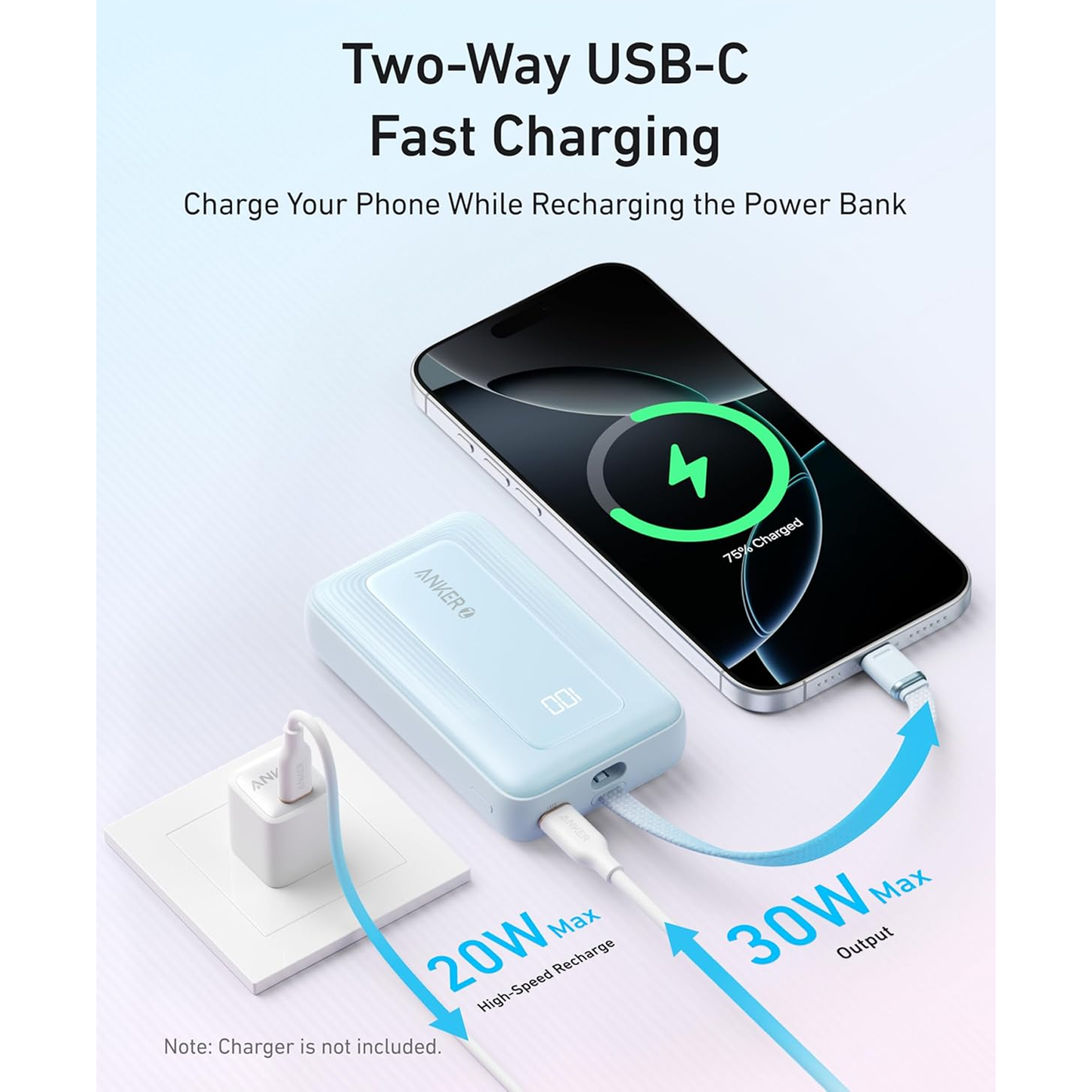 بنك الطاقة Anker A1688 Zolo (10K، 30W) مع كابل USB-C مدمج مقاس 5.4 بوصة (13.7 سم) 