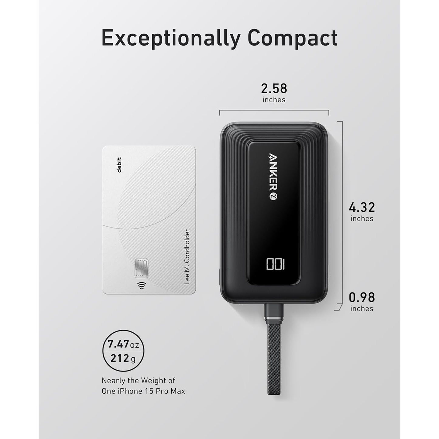 بنك الطاقة Anker A1688 Zolo (10K، 30W) مع كابل USB-C مدمج مقاس 5.4 بوصة (13.7 سم) 