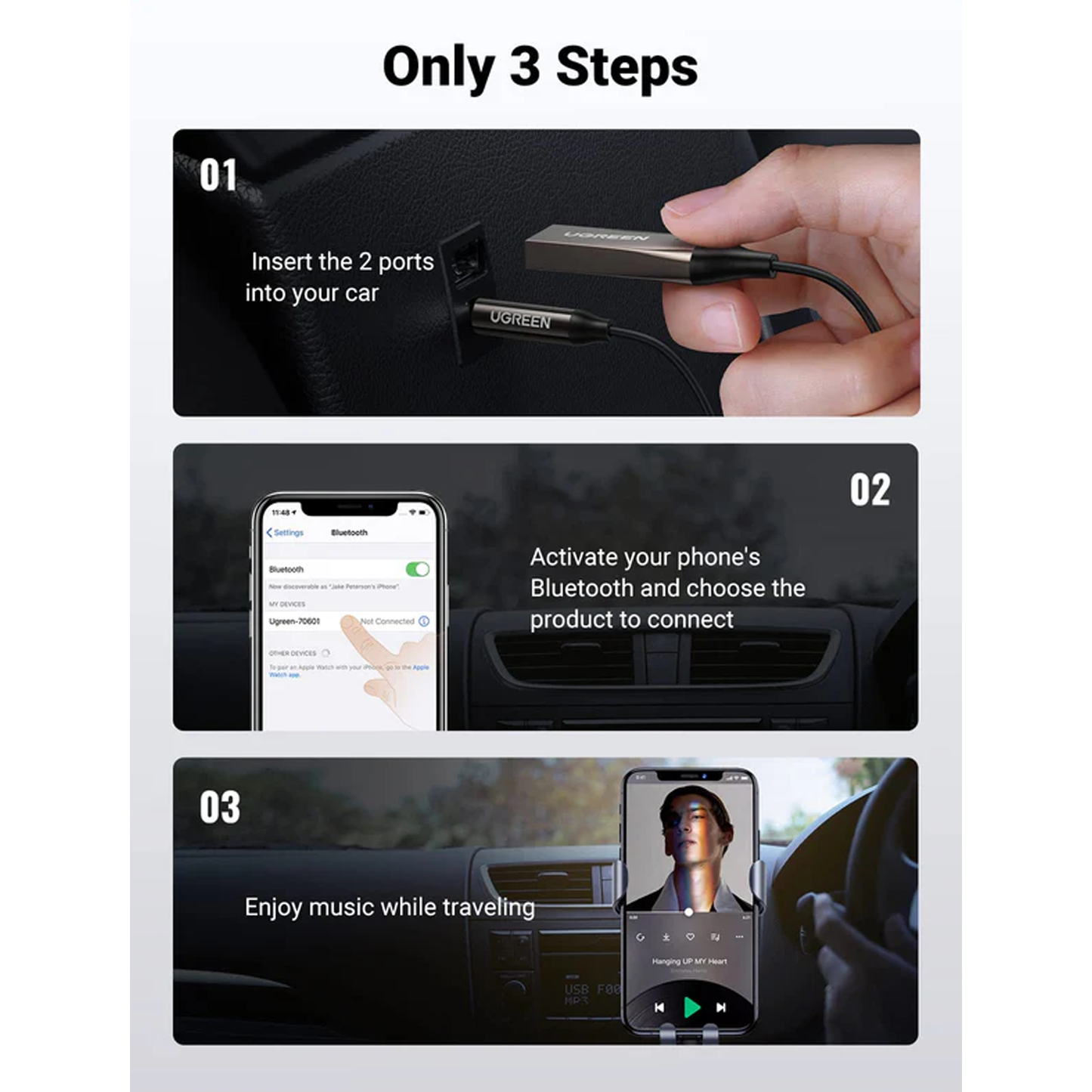 UGREEN Car Bluetooth 5.0 Receiver  Audio Adapter Black(5.0) / 70601