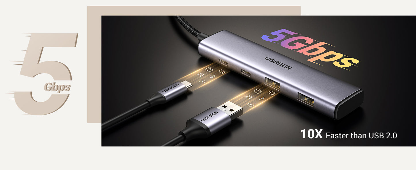 موزع USB-C إلى USB-A بمنفذين + USB-C بمنفذين بسرعة تصل إلى 5 جيجابت في الثانية بدون منفذ طاقة من يوجرين / 15395