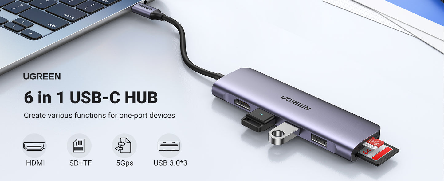UGREEN USB-C to 3 Ports USB3.0-A Hub + HDMI + TF/SD With PD / 70410