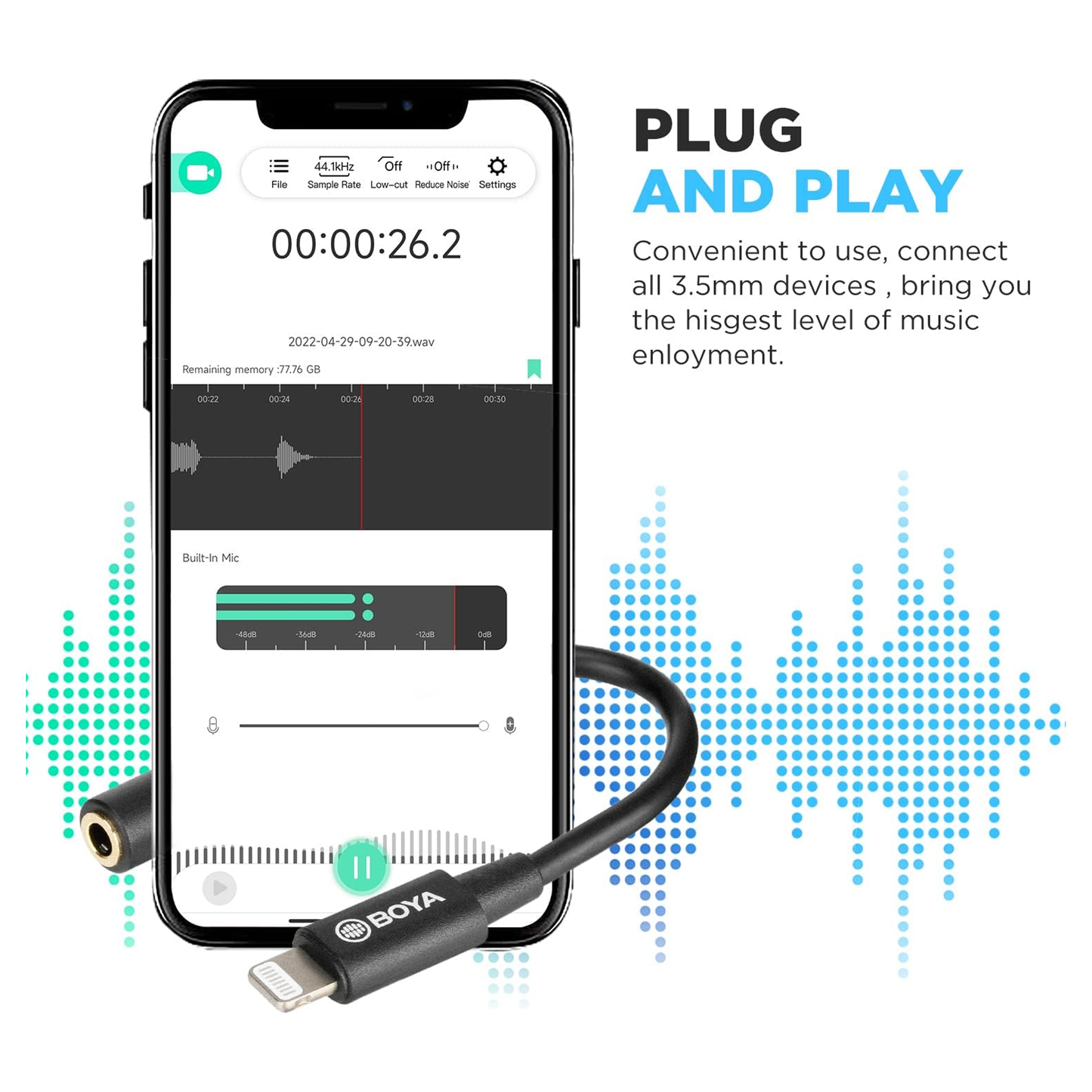 BOYA BY-K3 3.5mm TRRS Female to Lightning Male Audio Adapter Dongle Cable