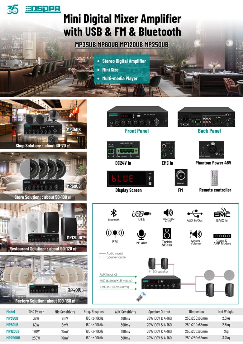 DSPP 250W Mini Digital Mixer Amplifier with USB & Bluetooth | MP250UB DSPP 250W Mini Digital Mixer Amplifier with USB & Bluetooth | MP250UB