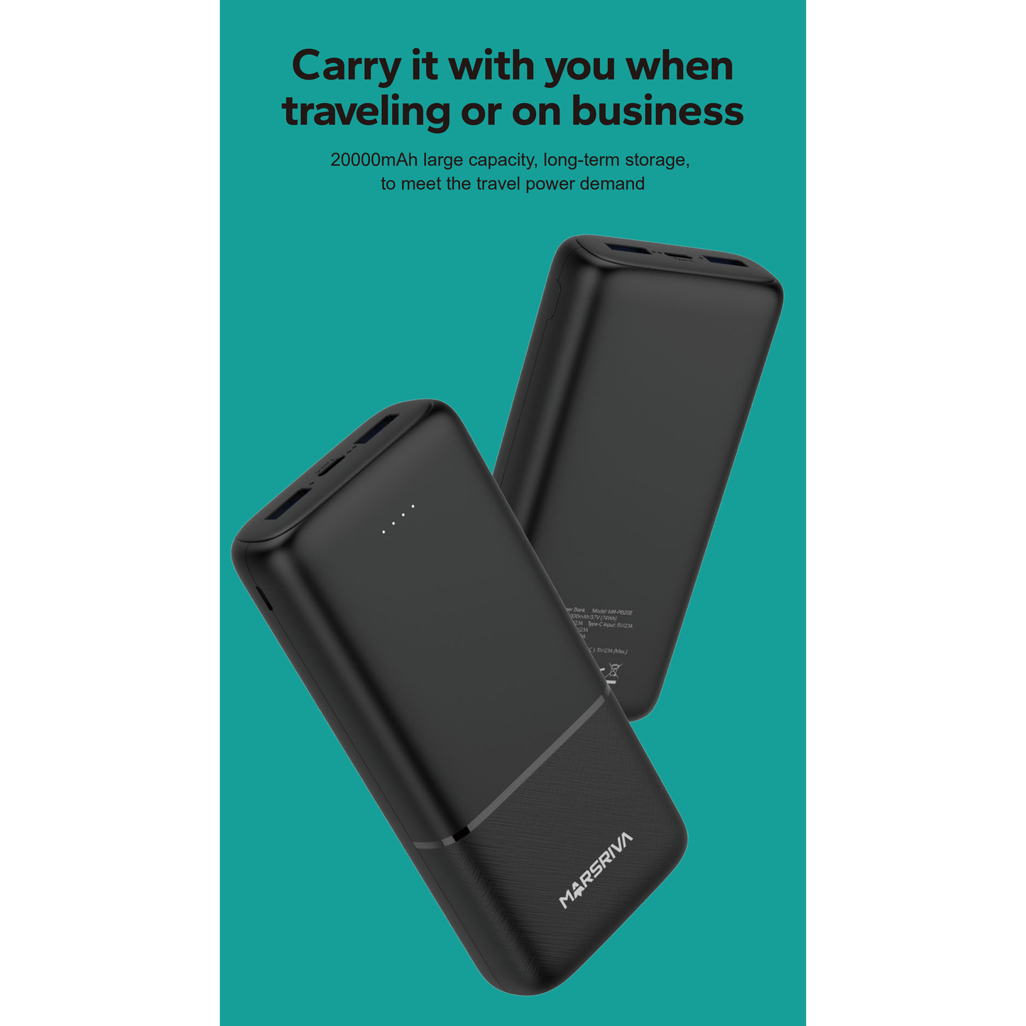 MARSRIVA power bank 20000mAh, black color | MR-PB20E
