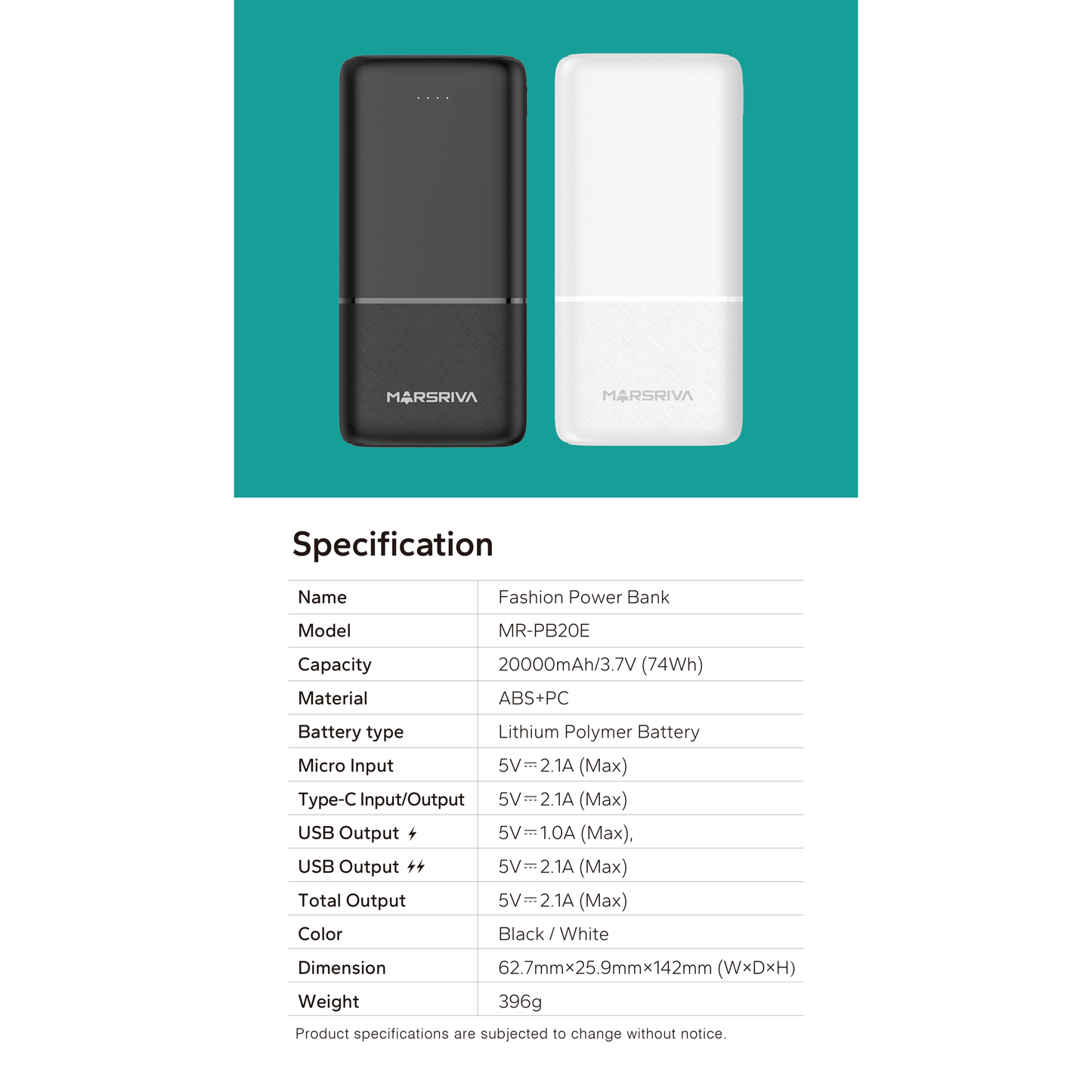 MARSRIVA power bank 20000mAh, black color | MR-PB20E
