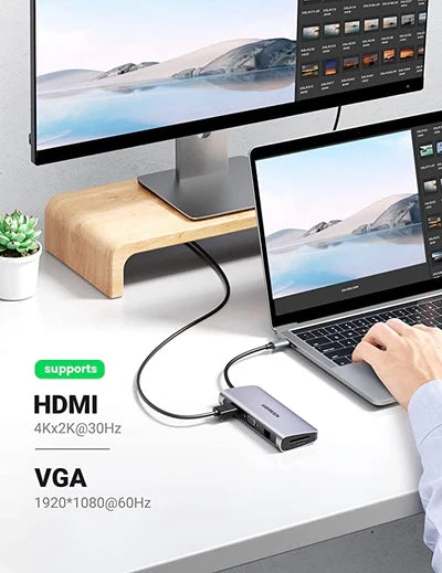 80133 / UGREEN USB-C to 3*USB 3.0 A+HDMI 4K@30Hz;2K@60HZ;1080P@120Hz + VGA +RJ45  +SD/TF + 3.5mm Audio + PD Multifunction Adapter (Space Gray)