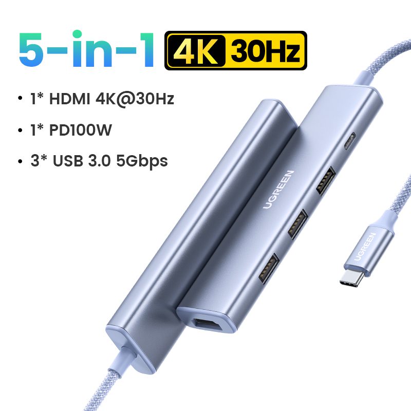 موزع يوجرين ريفودوك 5 في 1 USB-C (PD 100W، 4K@30Hz) / CM478