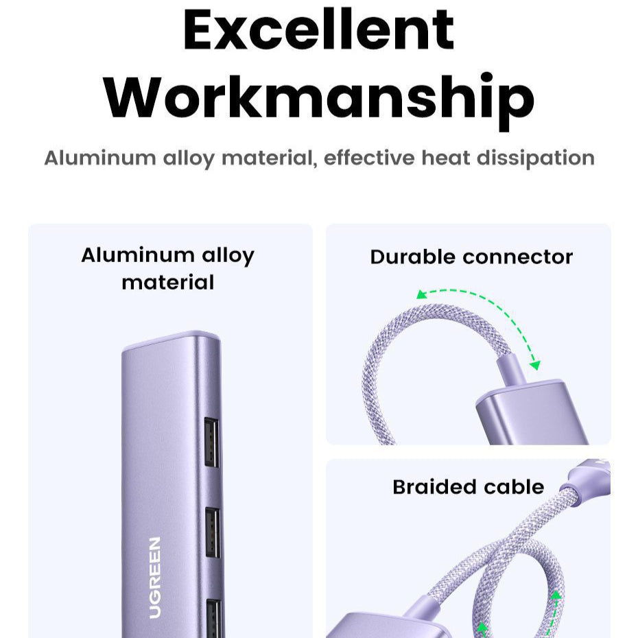 موزع يوجرين ريفودوك 5 في 1 USB-C (PD 100W، 4K@30Hz) / CM478