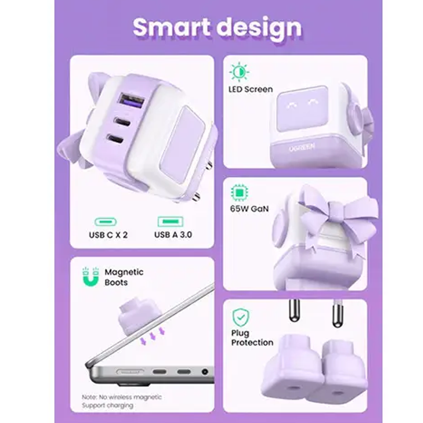 شاحن سريع بقوة 65 واط  بثلاثة منافذ لون بنفسجي |Robot.Uno.Purple.CD361.35291(EU)