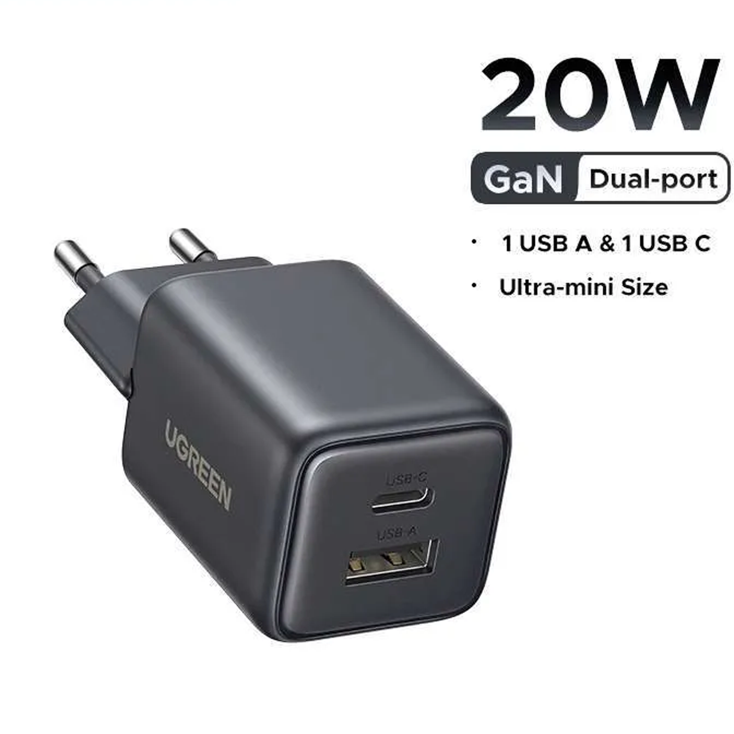 UGREEN 20W 2-Port GaN Fast Charger EU (Black) / X514 - 65737